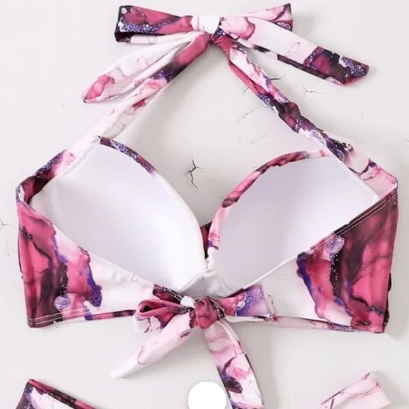 Boho Blue White Tie Dye Marble Print High Waisted Twisted Halter Bikini Set - Picture 12 of 12